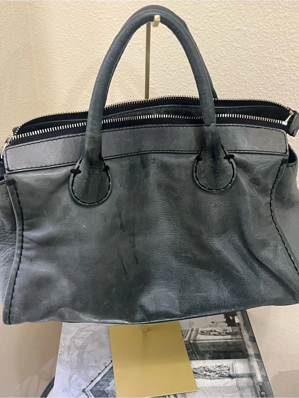 Chloe Large Distressed Black/Gray Leather Satchel